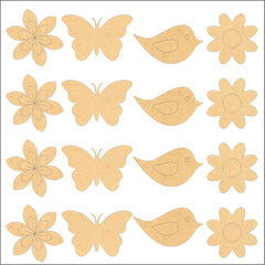 Set of wooden cutouts shaped like butterflies, birds, and flowers on a white background