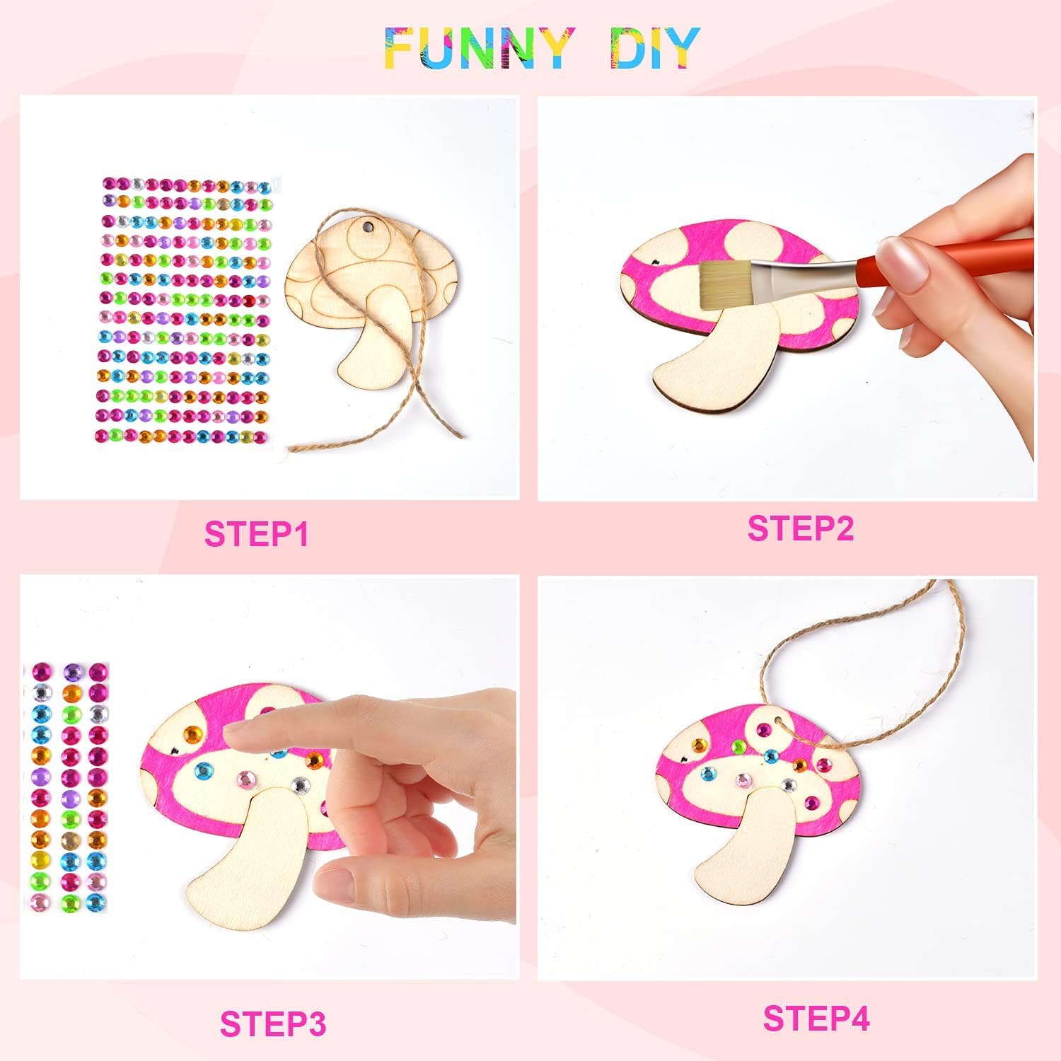 Step-by-step guide to making a wooden mushroom ornament with colorful beads.