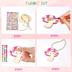 Step-by-step guide to making a wooden mushroom ornament with colorful beads.