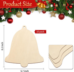 American Elm 10 Pcs Unfinished Wood Bell Ornaments DIY Craft Kit Christmas Decor Paintable Blanks MDF with Cutouts