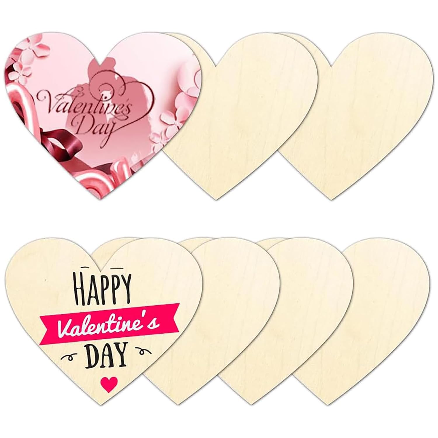 Heart-shaped wooden cutouts with Valentine's Day designs on a white background
