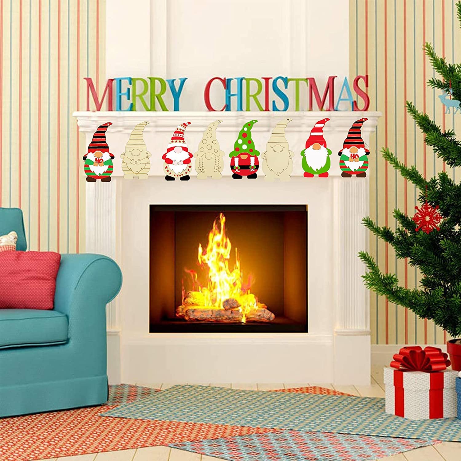 Living room with a fireplace, Christmas tree, and festive decorations.