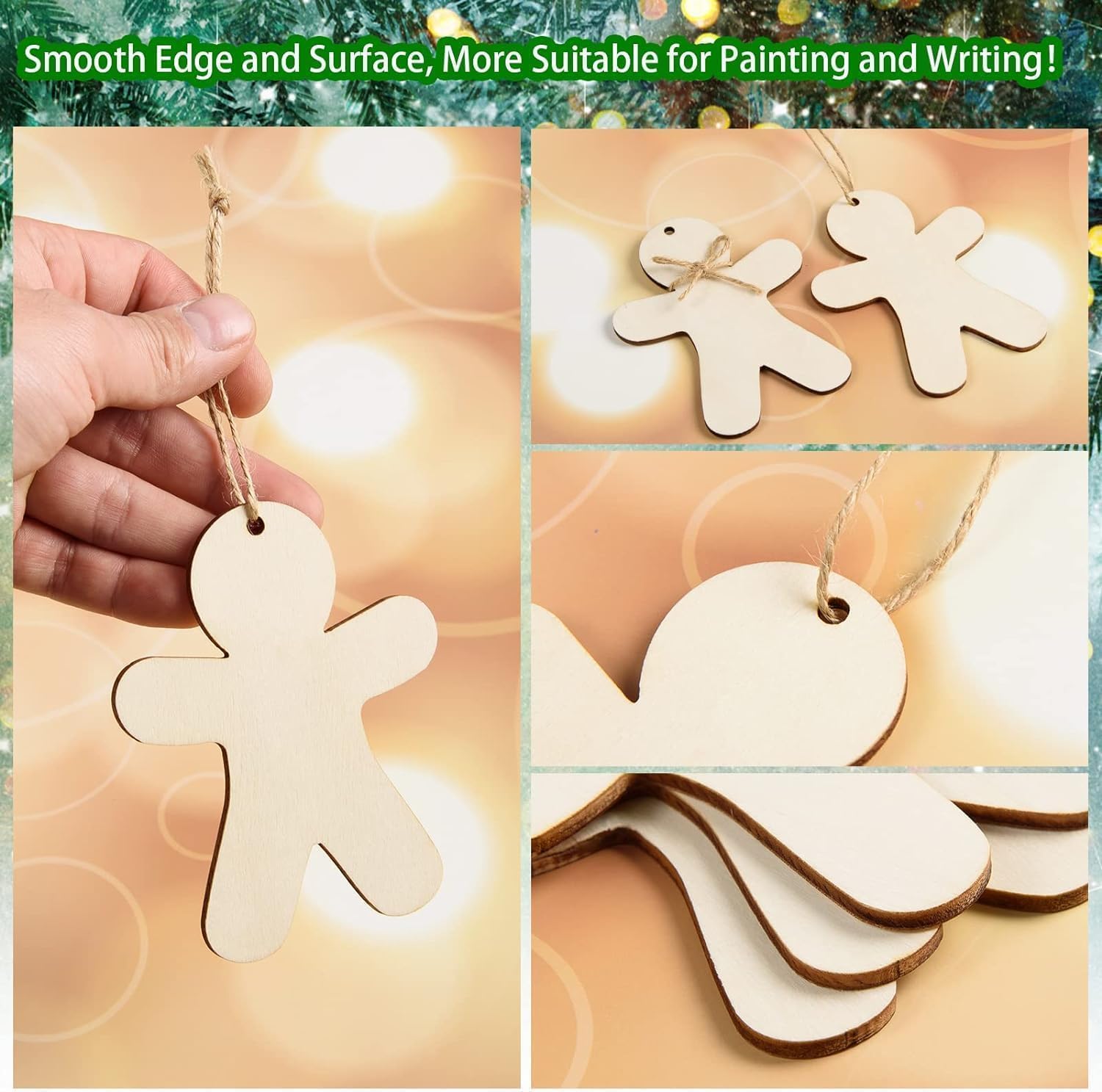 Wooden Christmas ornaments shaped like gingerbread men and stars with a hand holding one, on a decorative background.