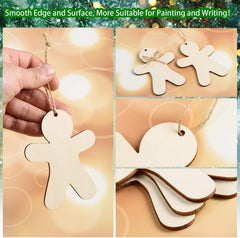 Wooden Christmas ornaments shaped like gingerbread men and stars with a hand holding one, on a decorative background.