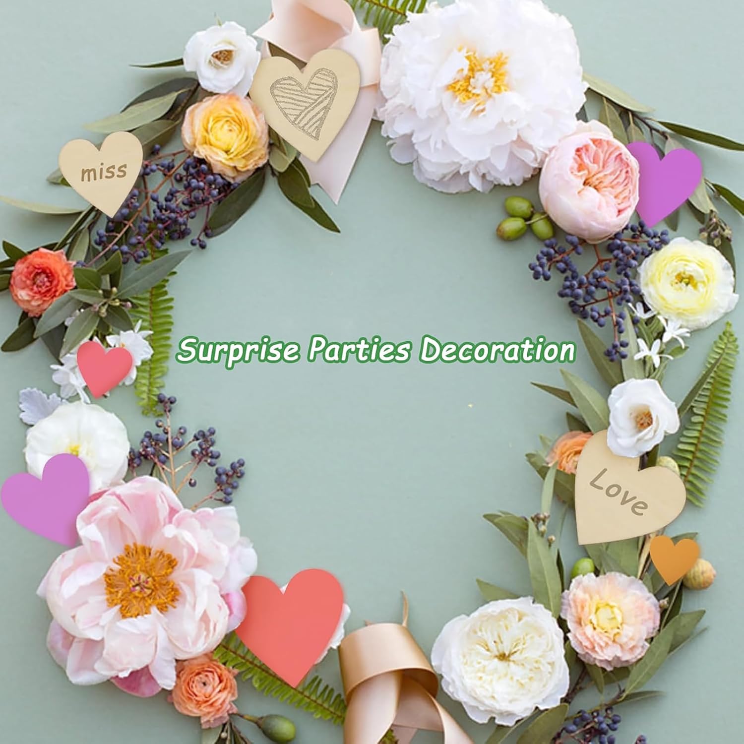 Floral wreath with hearts and text on a light green background