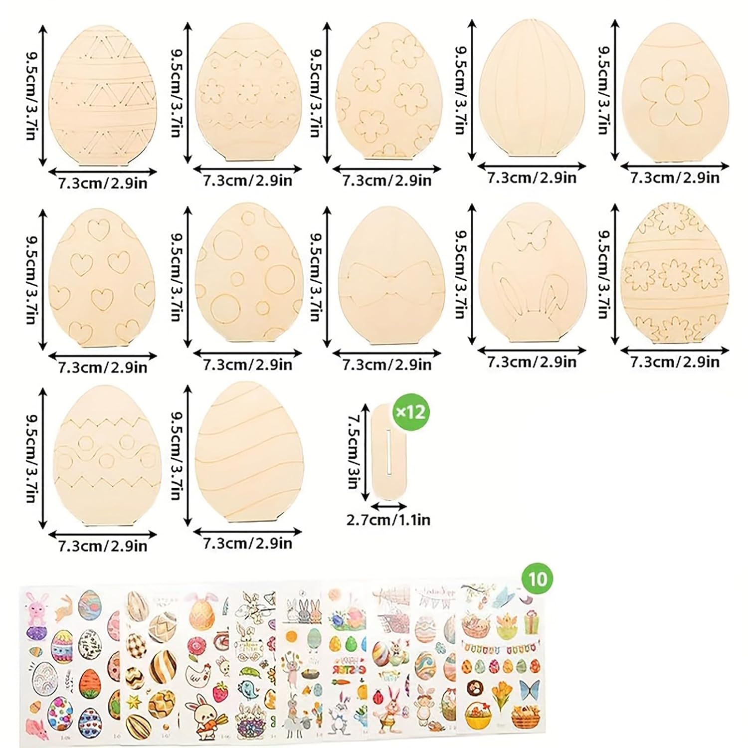 Set of wooden Easter egg stamps with measurements and a small sample of stamped designs.