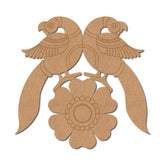 Cardboard cutout of two parrots perched on a branch with a flower, on a white background.