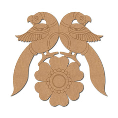 Cardboard cutout of two parrots perched on a branch with a flower, on a white background.