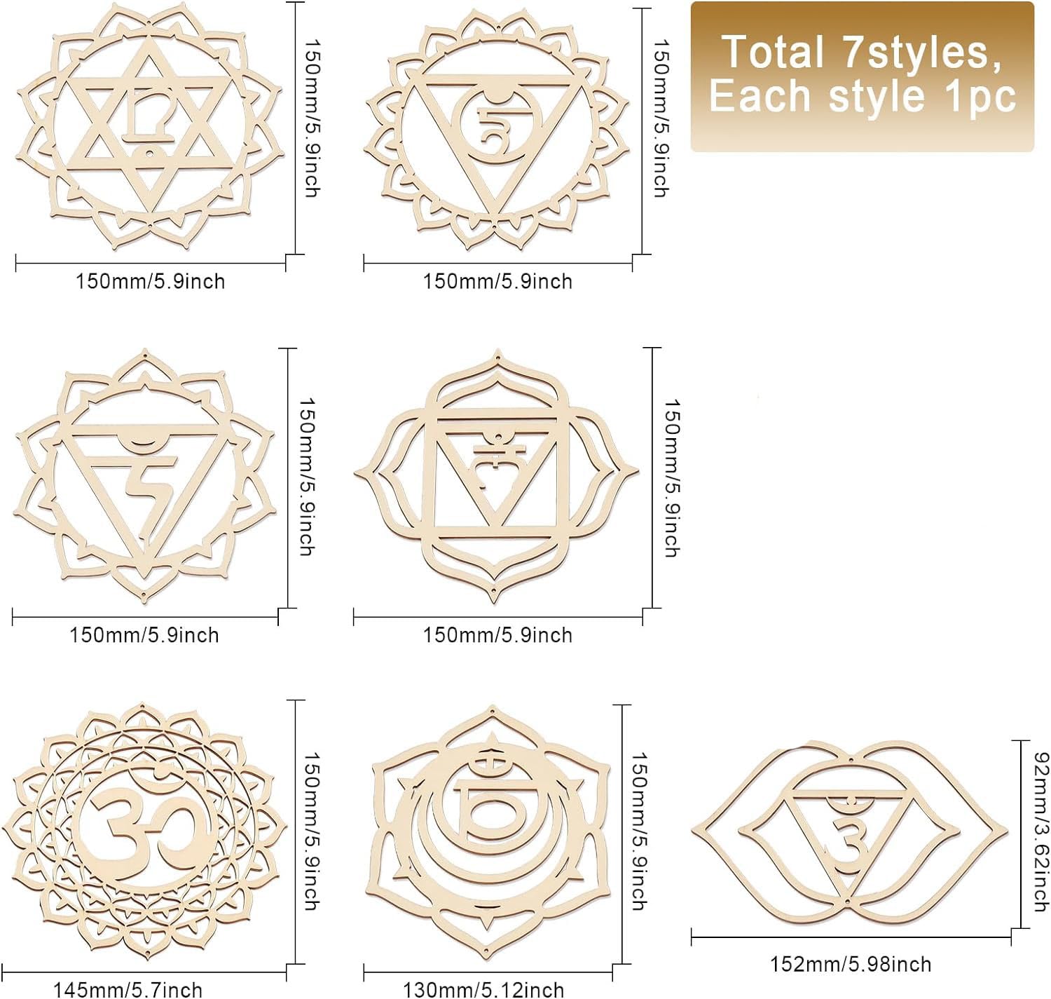 Wooden chakra symbols with dimensions on a white background