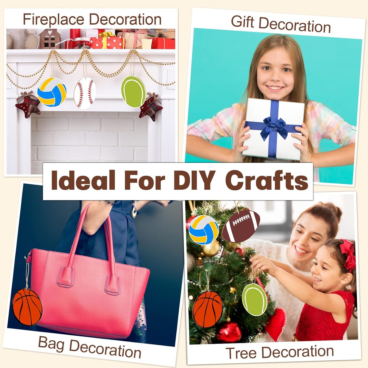 Collage of DIY craft ideas including fireplace, gift, bag, and tree decorations.