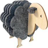 Sheep-shaped felt and wood ornament with gray wool and beige wooden body on a white background
