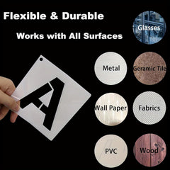 Stencil with letter 'A' held by a hand, labeled 'Flexible & Durable Works with All Surfaces', showing compatibility with various materials.