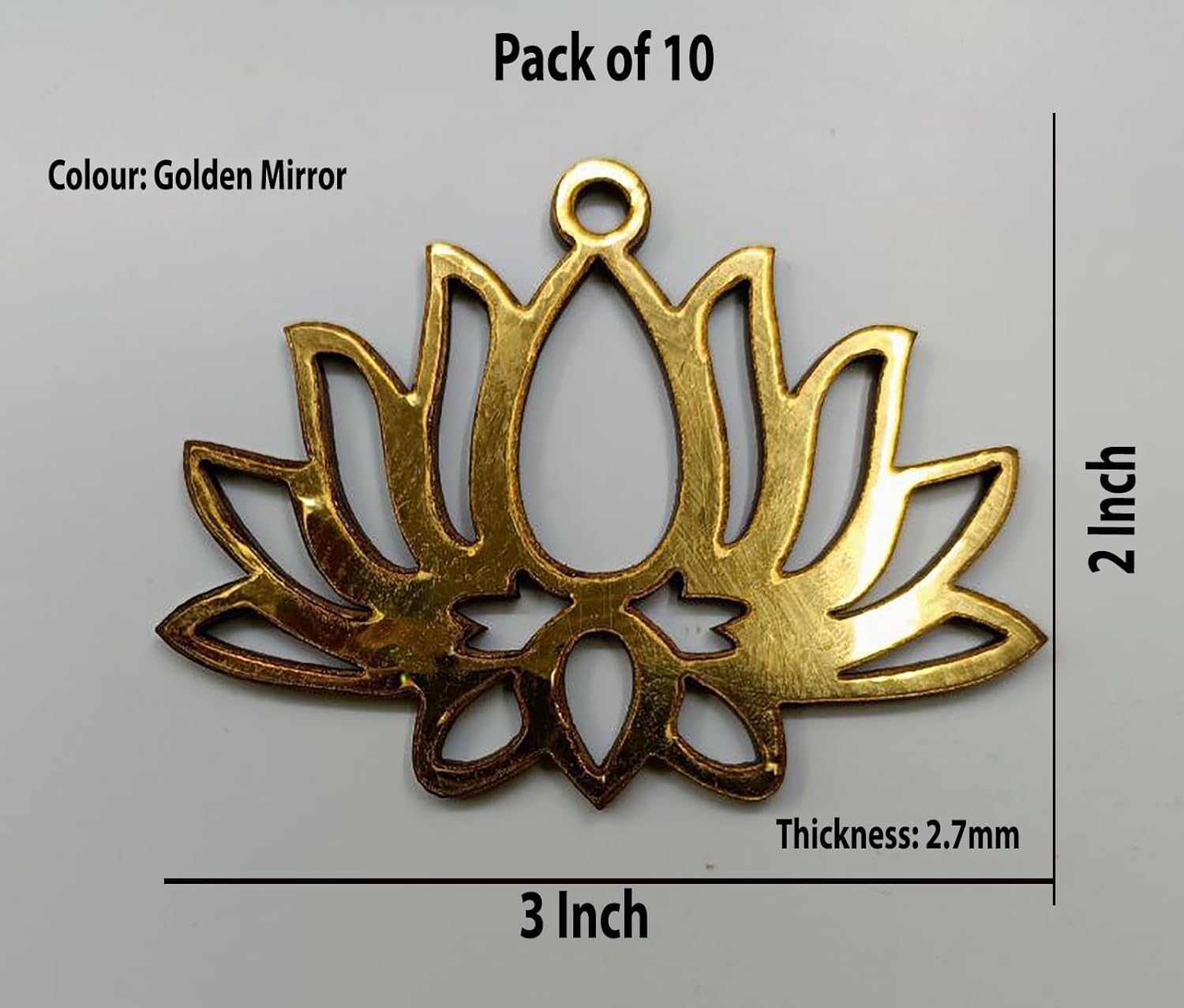 Gold lotus flower pendant with measurements on a gray background