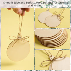 Wooden round ornaments with jute string on a yellow background, suitable for painting and writing.