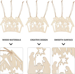 Wooden nativity scene cutouts with hanging strings on a white background, highlighting wood materials, creative design, and smooth surface.