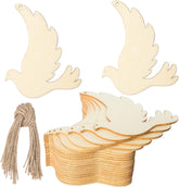 Wooden dove-shaped cutouts with a string on a white background