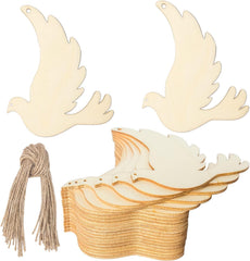 Wooden dove-shaped cutouts with a string on a white background