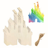 Unfinished wooden castle model with rainbow-colored castle graphic and string on a white background