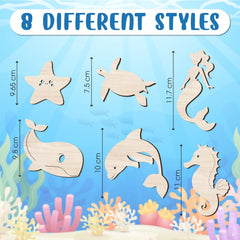 Wooden ocean-themed cutouts with measurements on a blue underwater background
