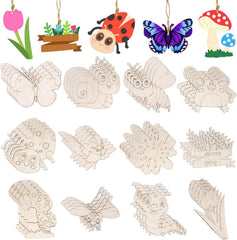 Set of wooden ornaments including butterflies, ladybugs, and flowers on a white background