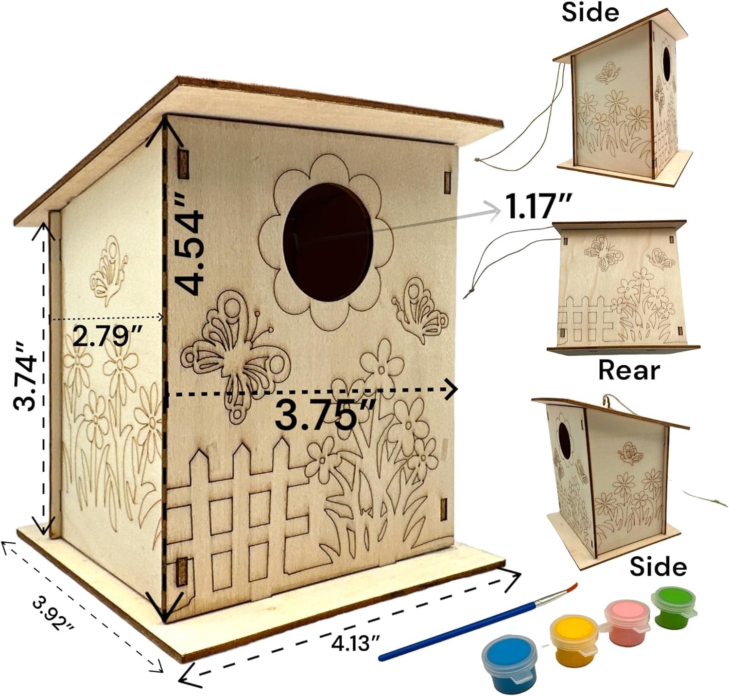 Wooden birdhouse with laser-cut designs and measurement details, accompanied by paint cans and a paintbrush.