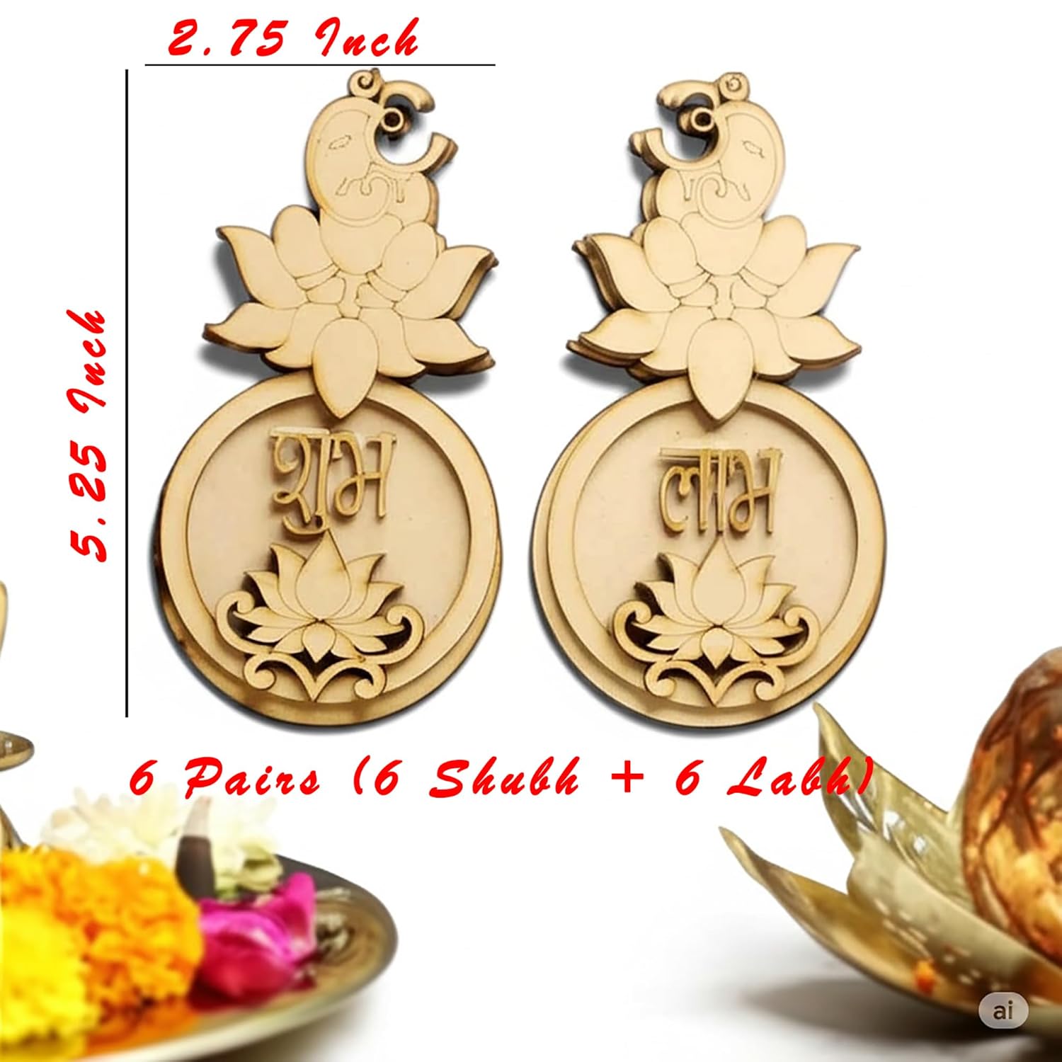 Pair of gold earrings with engraved text, displayed with measurements and additional items in the background.
