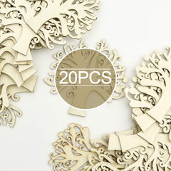 20 wooden decorative pieces with intricate patterns on a white background