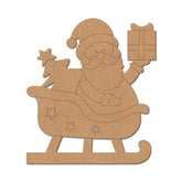 Cardboard cutout of Santa Claus on a sleigh with a present, on a white background