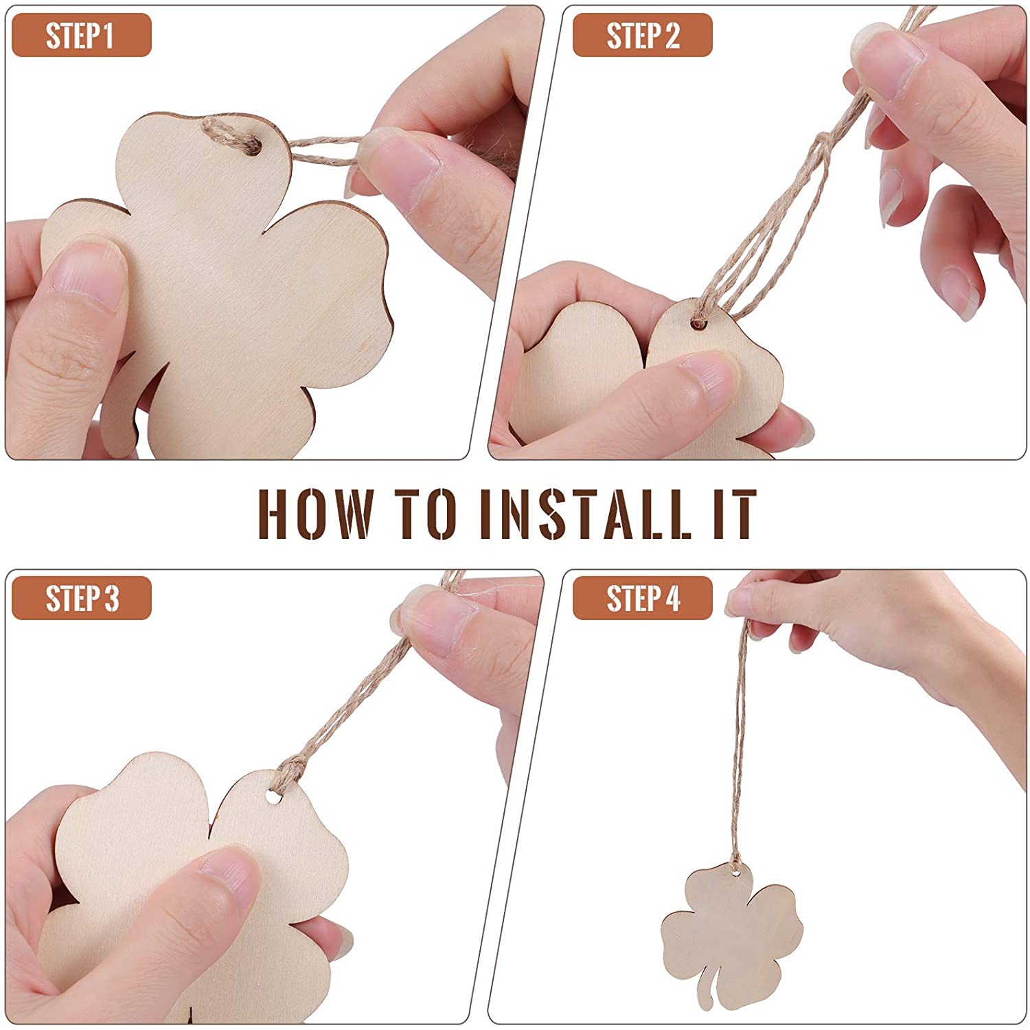Step-by-step guide on how to install a four-leaf clover-shaped ornament.