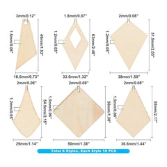 Cliths 60 Pcs Wooden Earring Blanks 6 Rhombus Styles MDF Drop Dangles for DIY Jewelry Making, Lightweight Craft Kit