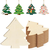 Wooden Christmas tree shapes with pre-cut holes, a stack of plain wooden trees, and decorated trees on a white background.