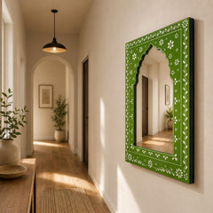 American Elm Pack of 2 Rajasthani Green Jharokha Acrylic Mirror Wall Hanging Panel for Home Decor