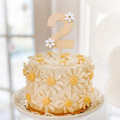 American Elm Wooden Daisy Cake Topper 2 MDF Flower Cake Decor for 2nd Birthday Party, Boho Theme, Baby Shower