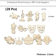 Cliths Pack of 28 Circus Wooden Cutouts Joker Elephant & Mask Shapes Craft Ornaments for Painting