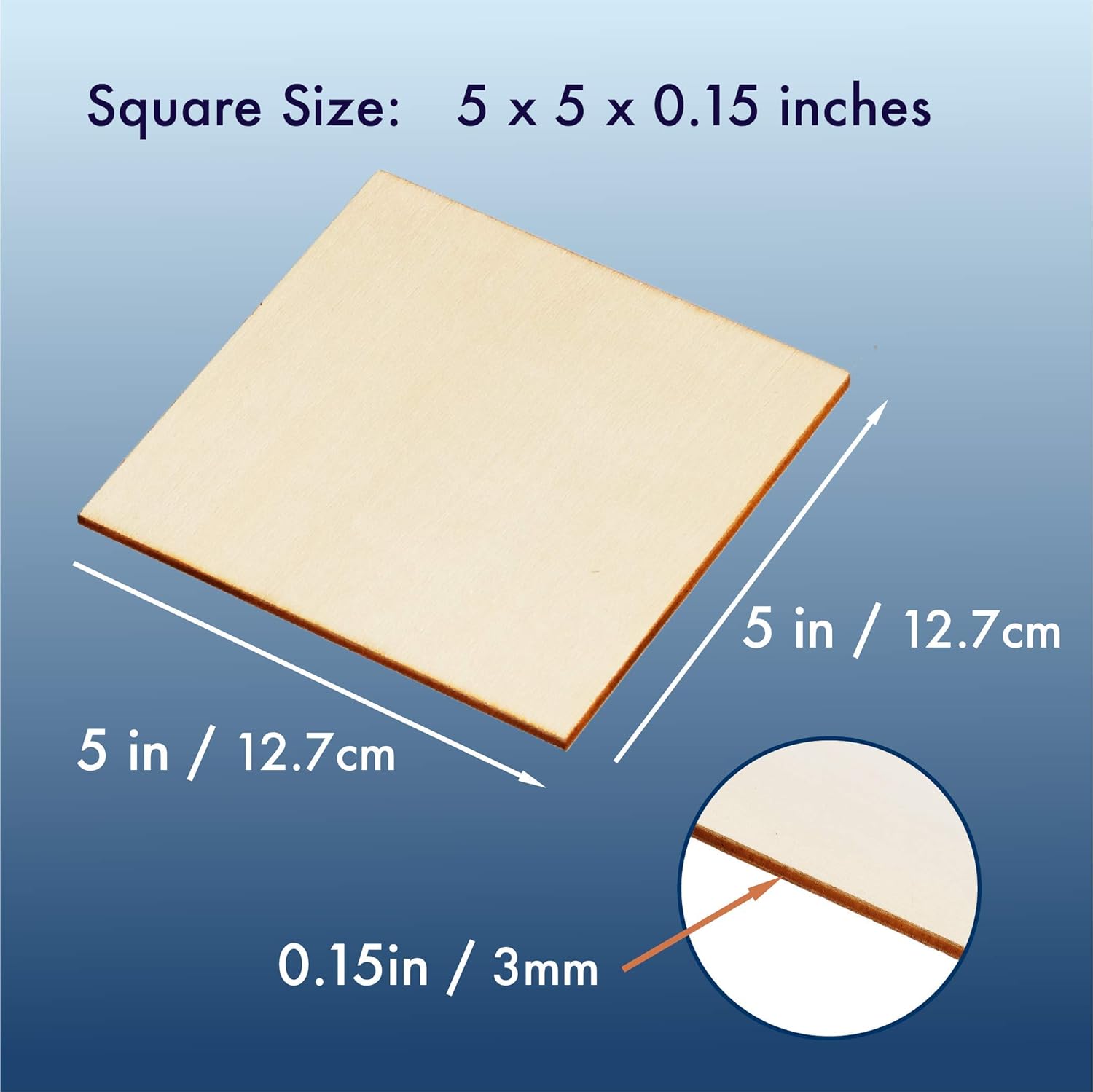 Wooden square block with dimensions labeled on a blue background