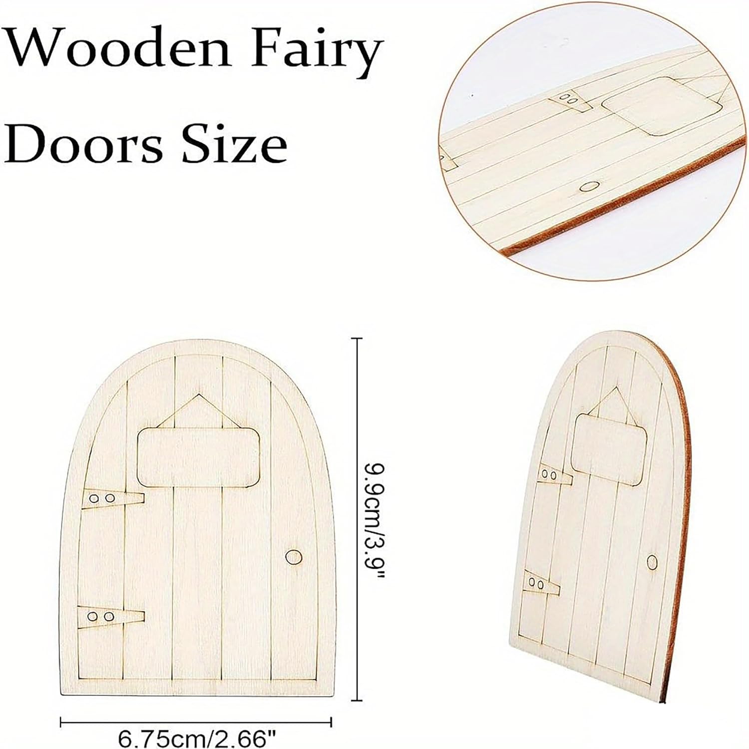 Wooden fairy doors with measurements on a white background