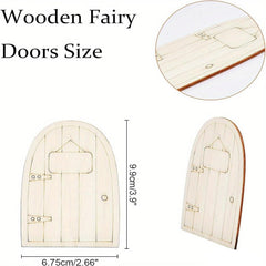 Wooden fairy doors with measurements on a white background
