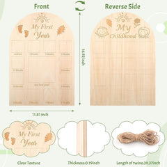 Wooden milestone board for baby's first year with front and reverse side views, measurements, and twine included.