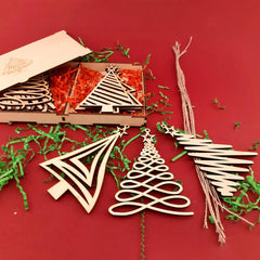 Wooden Christmas tree ornaments on a red background