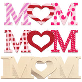 Decorative letters spelling 'MOM' in various patterns on a white background.