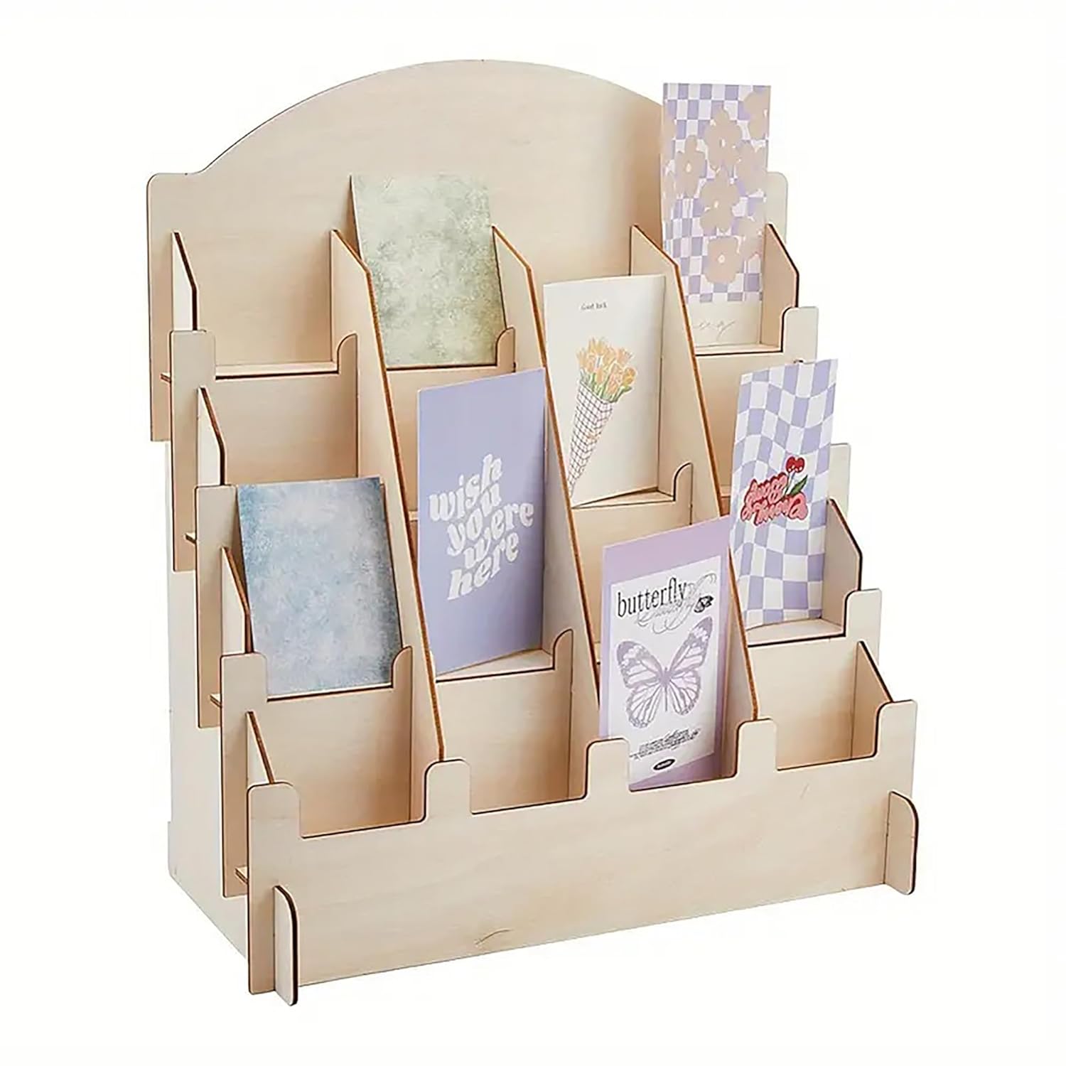Card display stand with various greeting cards on a white background