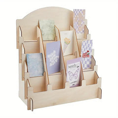 Card display stand with various greeting cards on a white background