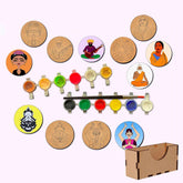 Set of wooden coasters with illustrations and a paintbrush set on a white background