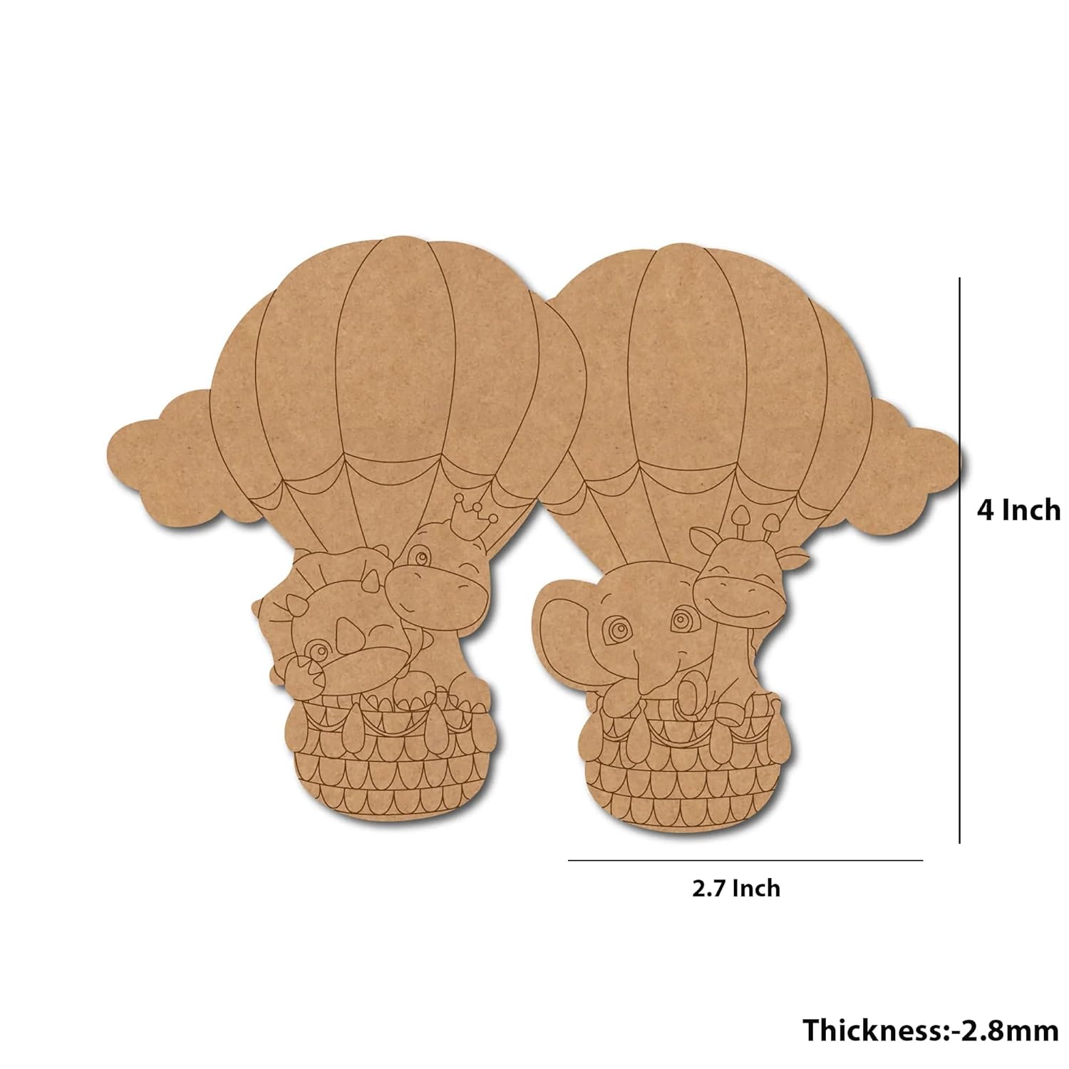 Two cardboard cutouts of elephants with hot air balloons on a white background, showing measurements.