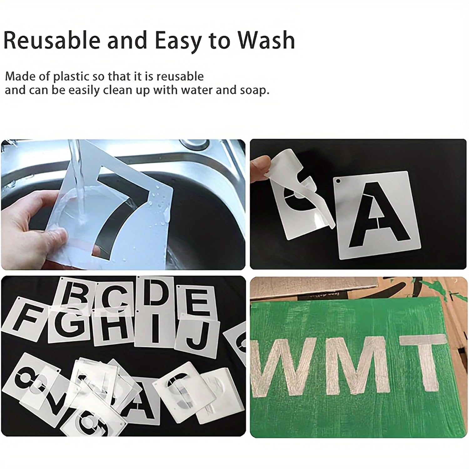 Reusable plastic stencils with letters and numbers, shown being used and cleaned.