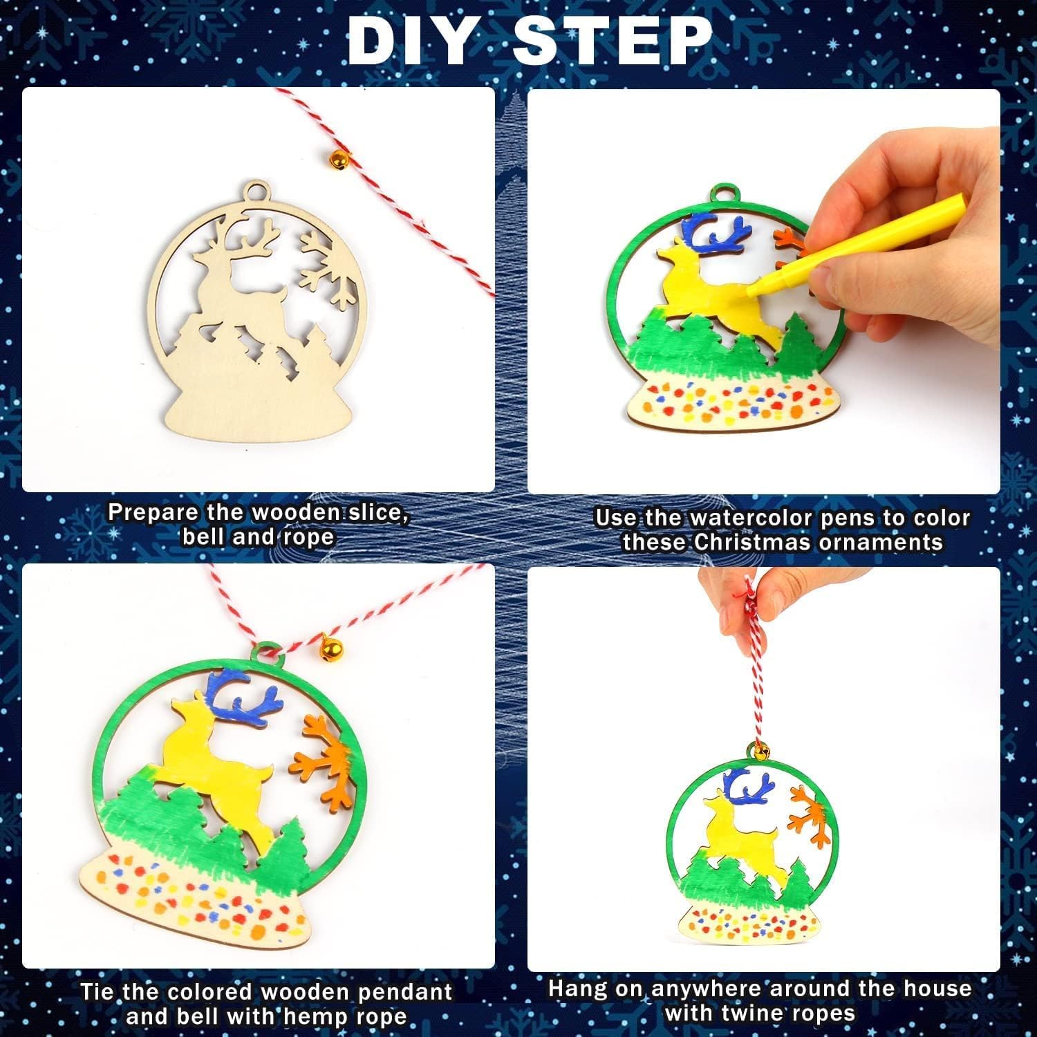 Step-by-step guide to making DIY Christmas ornaments with wooden slices, bell, and rope.