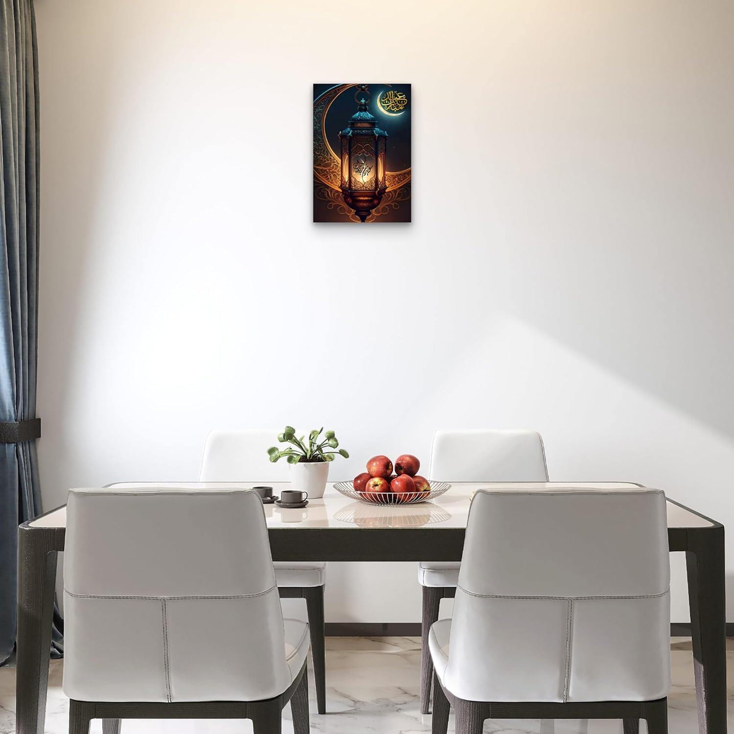 Dining room with a table and chairs, and a decorative wall art piece.