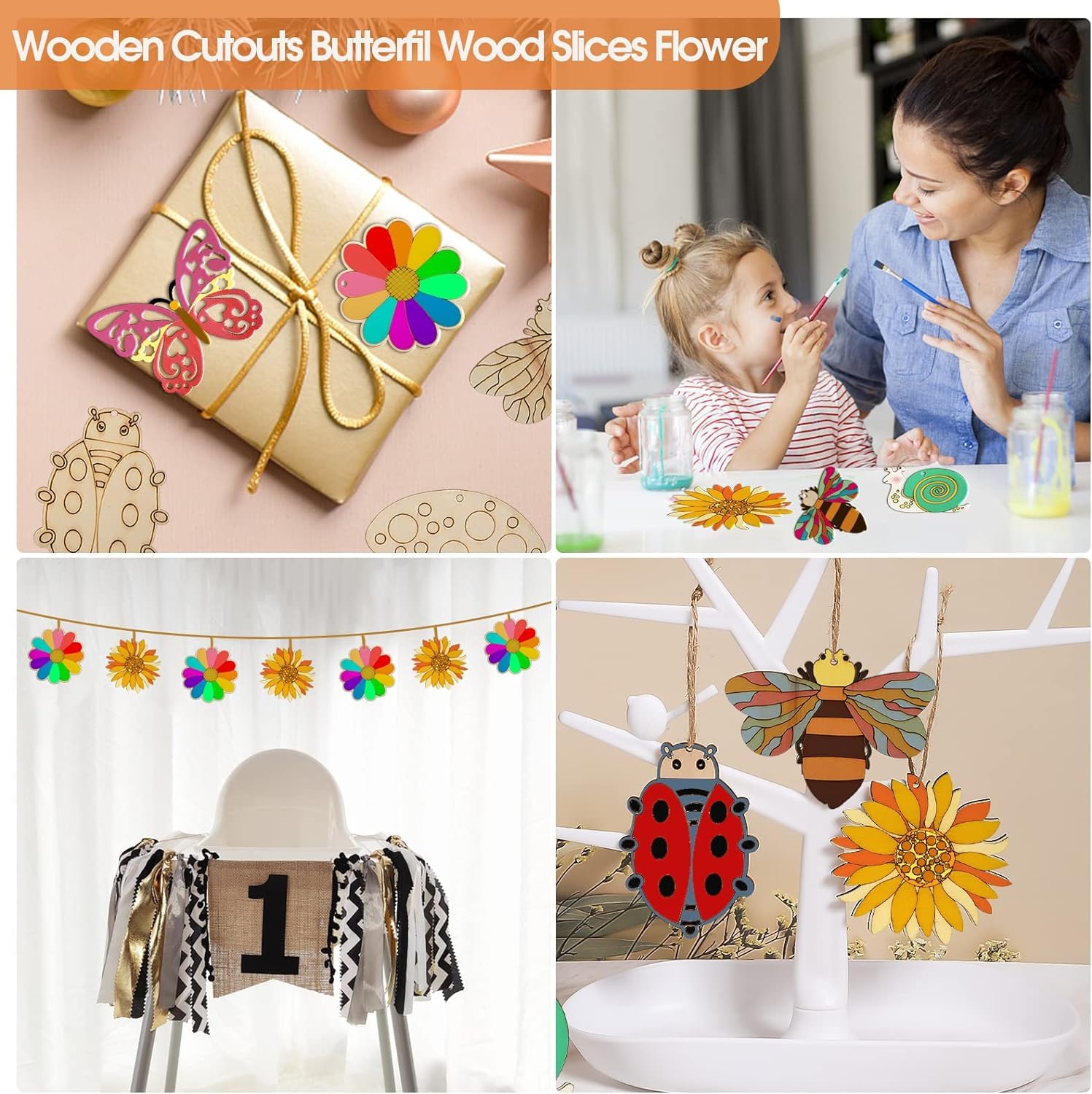 Collage of decorative wooden cutouts including butterflies, flowers, and ladybugs.