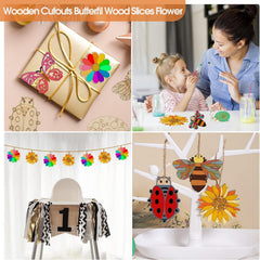 Collage of decorative wooden cutouts including butterflies, flowers, and ladybugs.