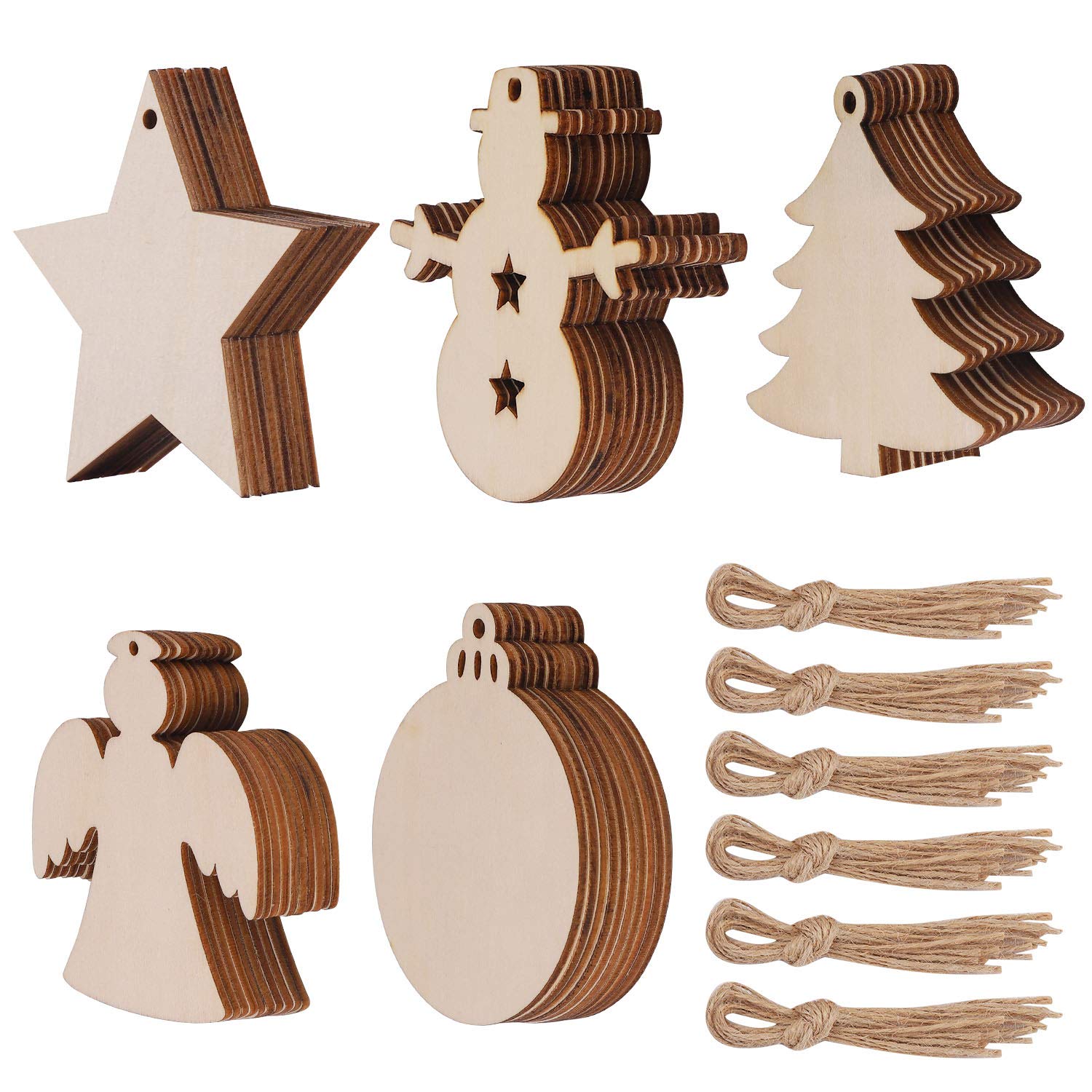 Set of wooden Christmas ornaments with brown accents on a white background